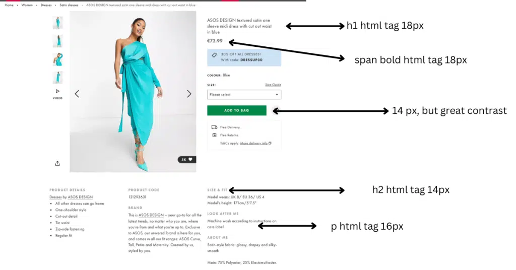 asos product page tags explained