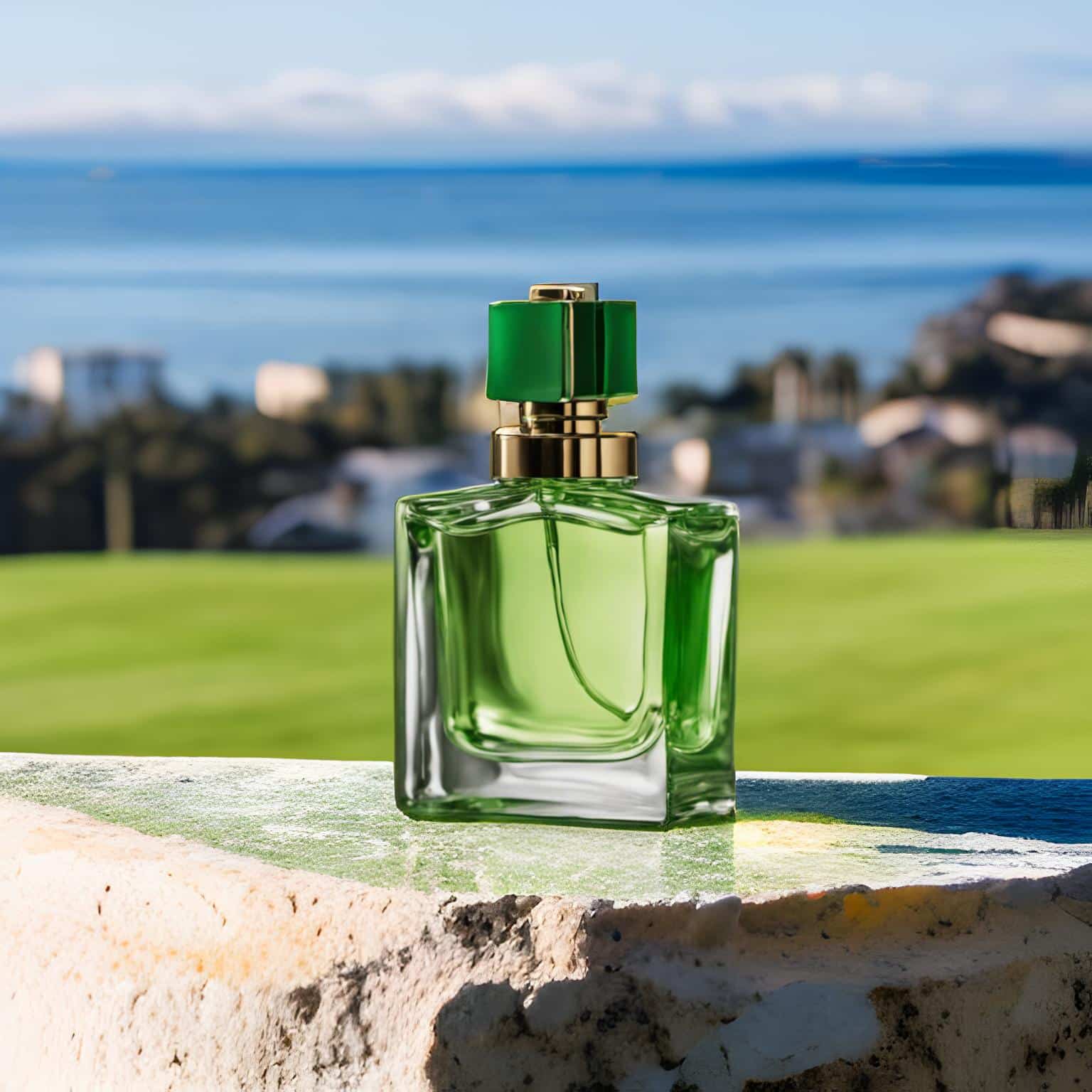 green perfume product photography example